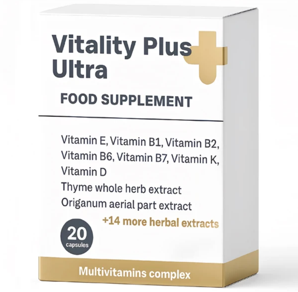 Vitality Plus Ultra multivitamin complex box, 20 capsules, sold in Belgium