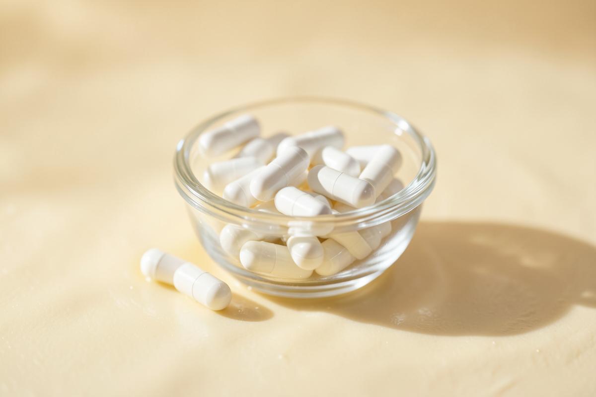 White capsules from a 20-capsule Vitality Plus Ultra box