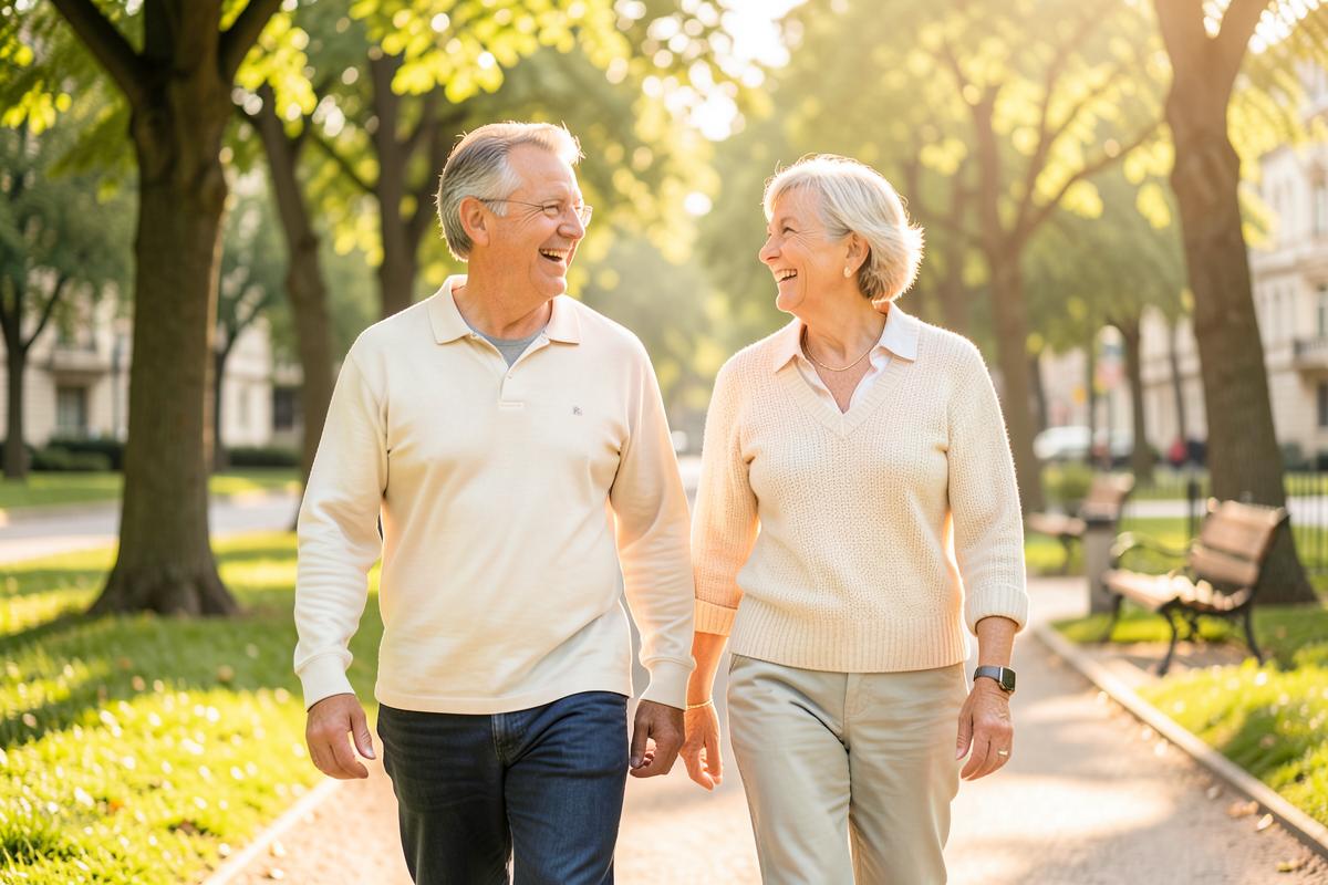 A Belgian couple walking in a city park, the everyday routine Vitality Plus Ultra is marketed for